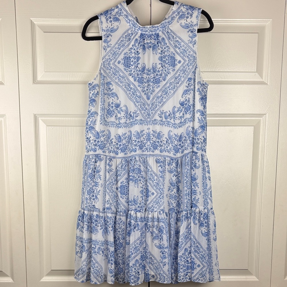 Calvin Klein Blue and White Paisley Drop waist Midi Dress Size 12